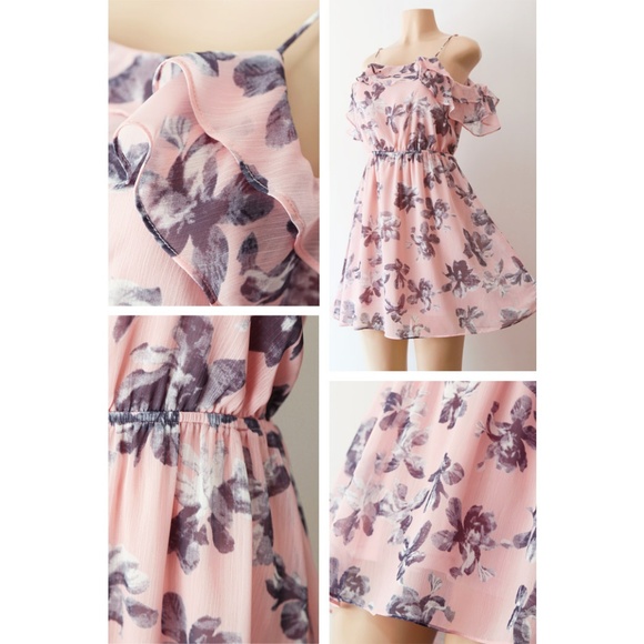 Pink Floral Ruffle Cold Shoulder Chiffon Dress - Picture 4 of 8